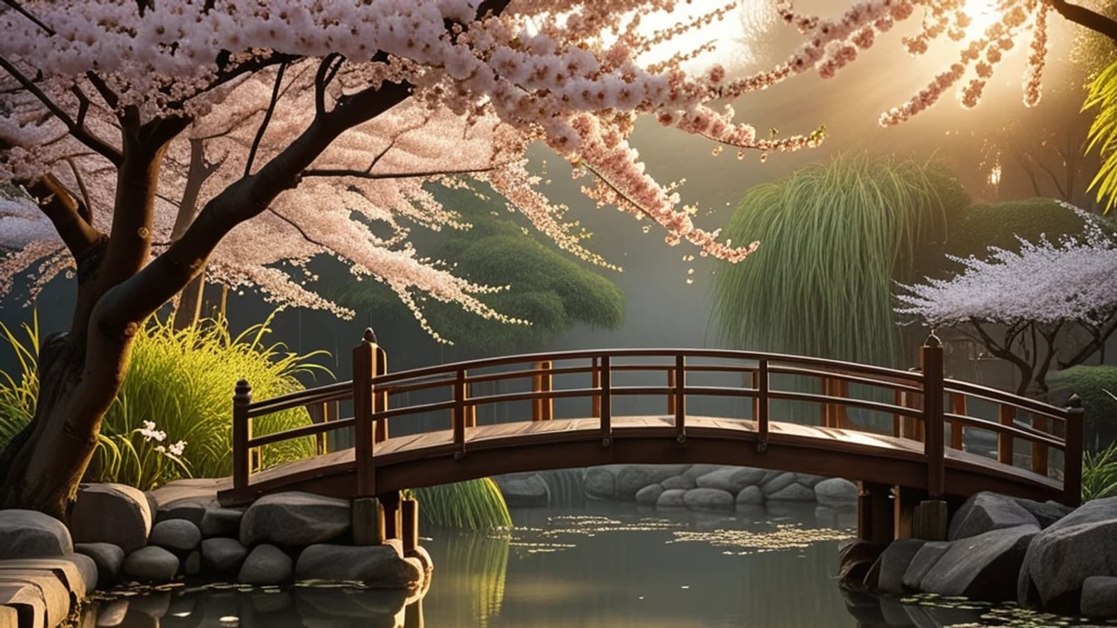 ArtistAIで生成した桜と木の橋がある日本庭園のイラスト